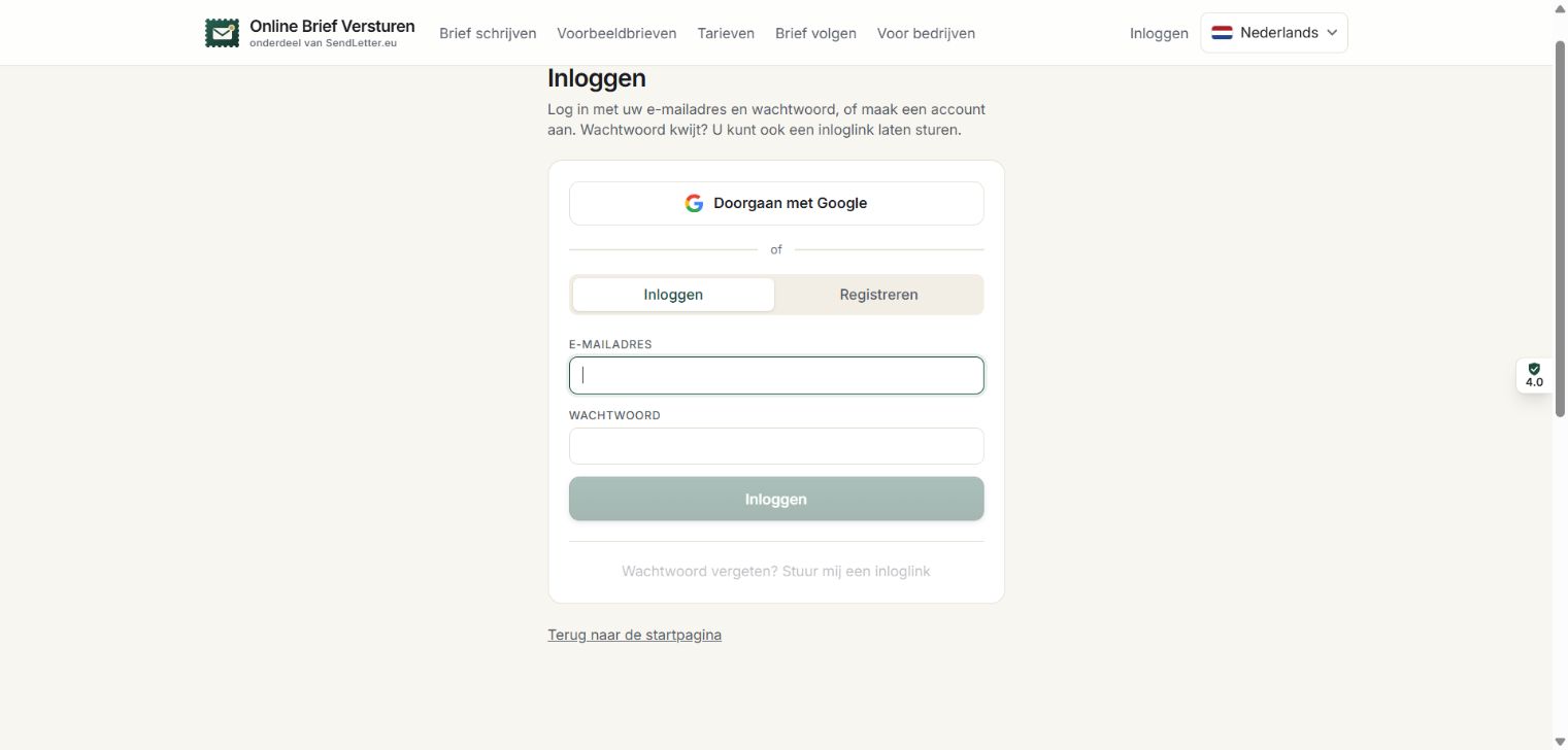 The live SendLetter sign-in screen on the MCP host offers Google and email/password login. This screenshot shows the Dutch interface.